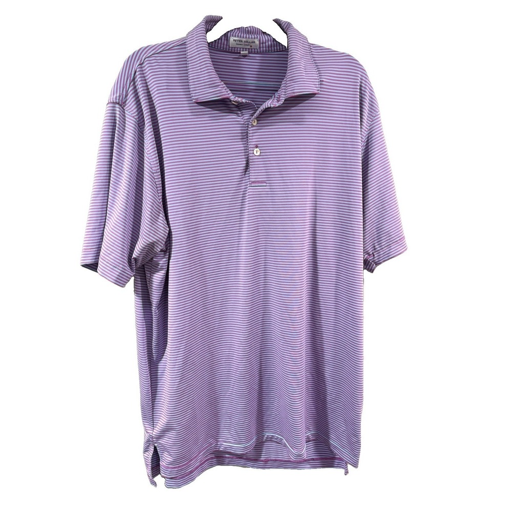 Mens Large Peter Millar Summer Comfort Polo Shirt Pink Blue Striped Golf Top